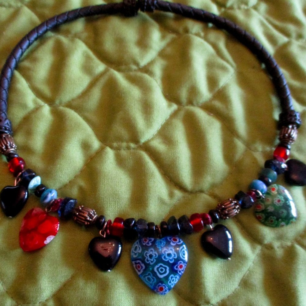 Black Wrapped Choker with Glass Colorful Dangling Hearts
